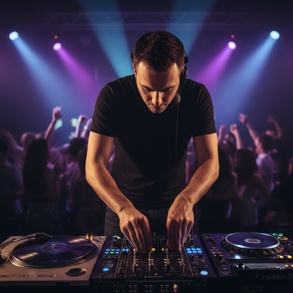 DJ at a mixing console focused on the decks with purple and blue stage lights